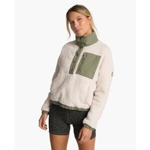 Vuori Women’s Cozy Cream and Olive Green Crop Sherpa Shearling Pullover
